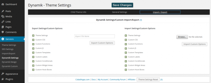 Dynamik Website Builder 1.7 - Settings - Import Export