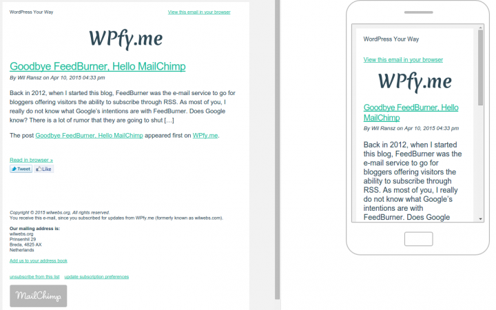 E-mail and Mobile Previews of the MailChimp Campaign