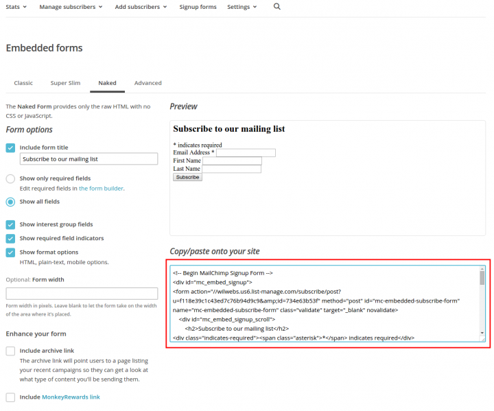 Copy MailChimp code form Naked Form