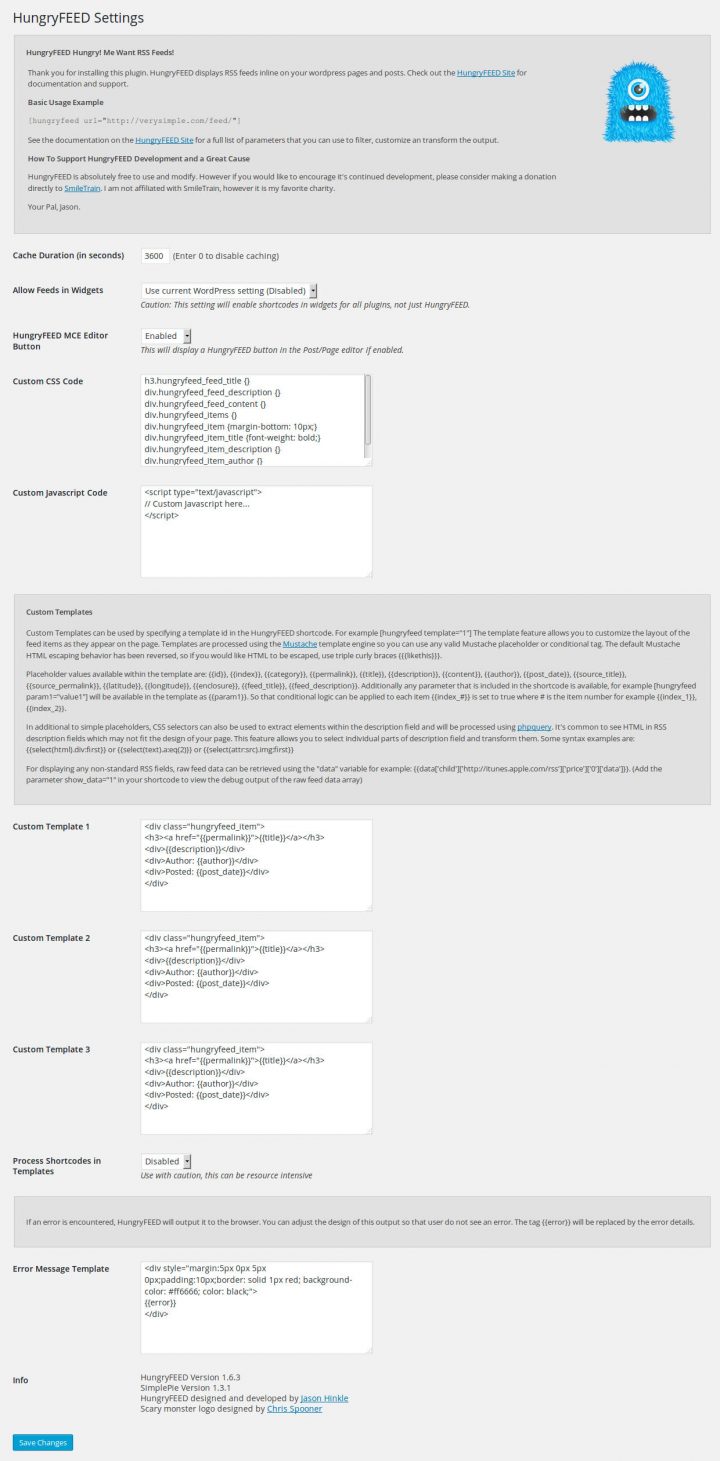 HungryFEED settings page