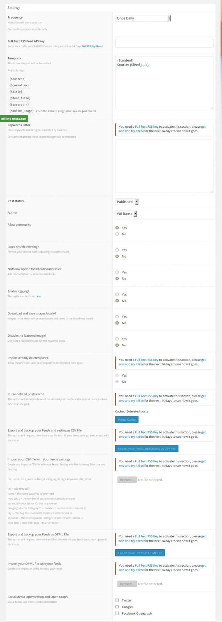 RSS Post Importer Settings page
