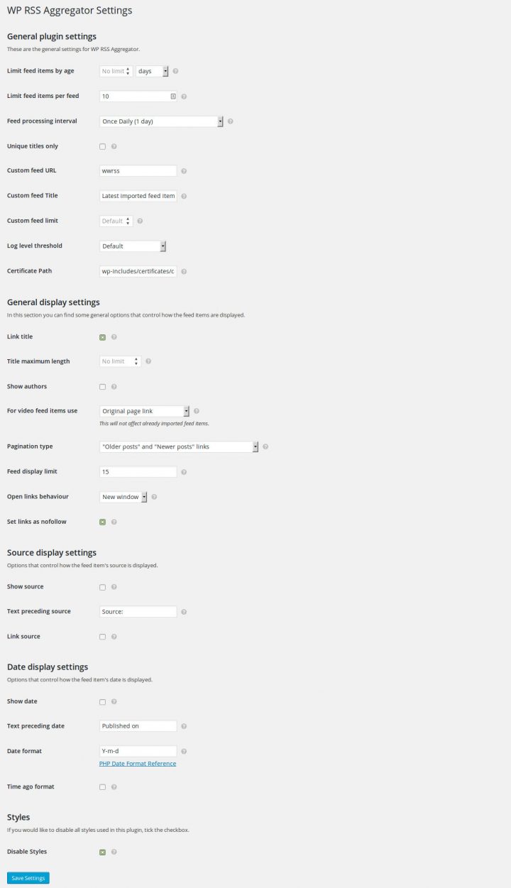 WP RSS Aggregator settings page
