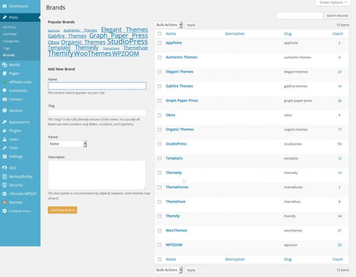 Brands Taxonomy UI ThemingWP populated with Brands